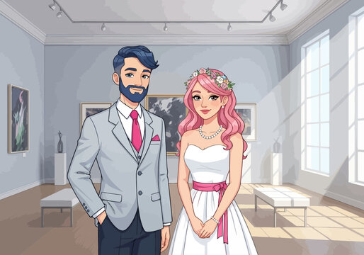 Vector art of a stylish bride and groom posing in a modern art gallery, celebrating their wedding day with love and elegance