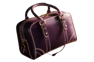 Luxury Purple Handbag with Contrasting Stitching and Gold Accents, Three-Quarter View, Transparent Background 