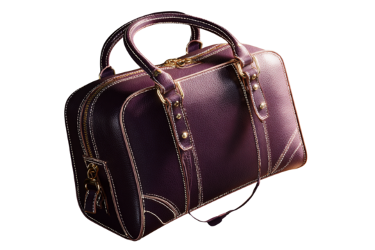 Luxury Purple Handbag with Contrasting Stitching and Gold Accents, Three-Quarter View, Transparent Background