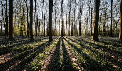 Obraz premium Sunlight filtering through a forest, casting long shadows on a field of wildflowers