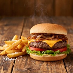 A steaming hot beef burger with melted cheese and crispy french fries, sprinkled with salt on a wooden board. A classic American meal.