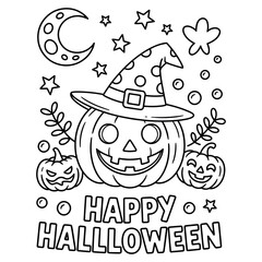 Whimsical Halloween coloring book page featuring spooky characters and festive elements for children's creative fun