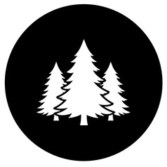 Fototapeta premium Vector art of a group of three stylized white pine trees as icons on a black circular background, representing a forest or woodland area