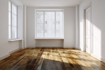 Obraz premium Bright and spacious empty room with large windows and wooden floor illuminated by natural light in modern interior setting