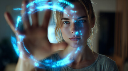 Software engineer interacting with futuristic holographic interface