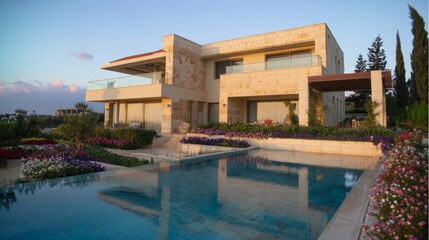 Fototapeta premium Opulent modern villa with clean lines, large glass windows, infinity pool reflecting sky, lush garden, tall trees,