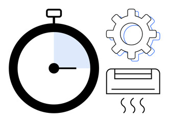 Timer with shaded section, gear, and air conditioner outlines with heat lines emphasize efficiency, time management, automation, workflow, comfort, technology and optimization. Simple flat metaphor