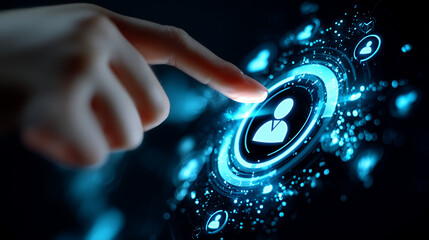 Businesswoman selecting candidate profile from digital interface in futuristic concept