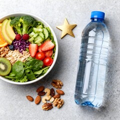 A balanced diet for a healthy lifestyle. A colorful salad with fresh fruits, vegetables, and nuts, viewed from above. Fitness and wellness concept.
