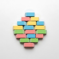Fototapeta premium Colorful erasers arranged in a decorative pattern on a clean background