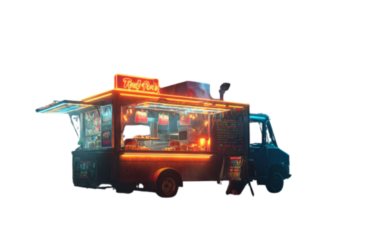  Night Street Food Truck with Neon Lights and Serving Customers, Three-Quarter View, Transparent Background