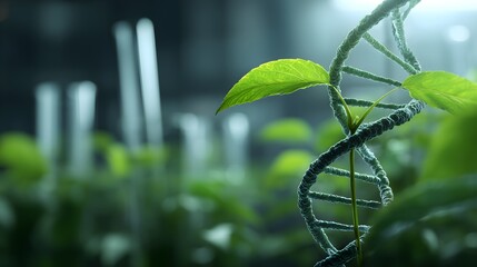 DNA helix with green plant leaf symbolizing biotechnology and genetic growth