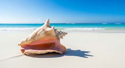 Large conch shell on white sandy beach with turquoise ocean waves background, concept for summer vacation, tropical travel and coastal decoration