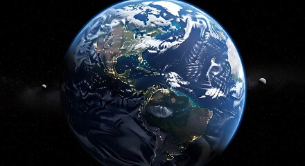 A detailed view of Earth from space, showcasing continents, clouds, and city lights.