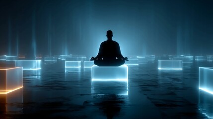 Find your inner peace with this calming zen scene of a person meditating against a futuristic blue backdrop, perfect for mindfulness and wellness campaigns