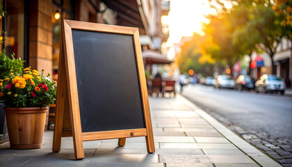 A blank chalkboard sign stands on a sidewalk outside a restaurant, with flowers and a street scene in the background during sunset.