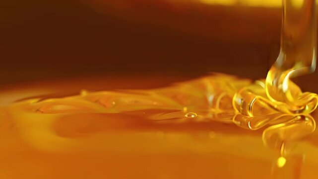 Close-up shot of thick, golden honey slowly flowing and dripping, creating a viscous, glossy texture with rich warm lighting and a shallow depth of field.