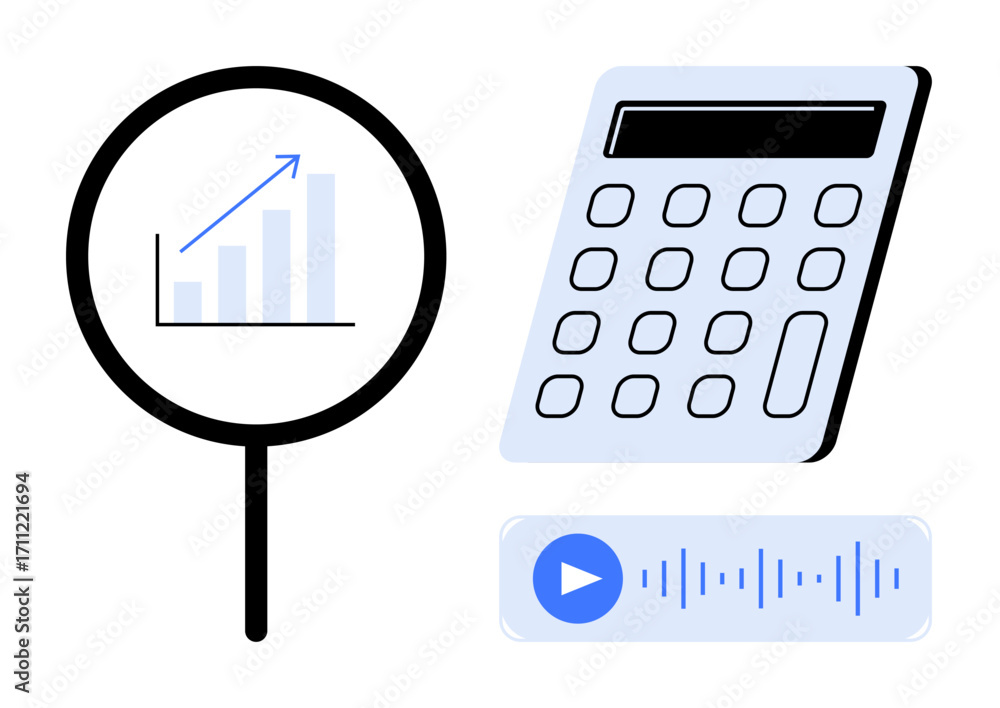 Poster magnifying glass over upward graph, calculator with keypad, audio visuals for data review. ideal for