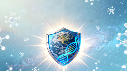 Shield, Earth, and DNA Chain, World Immunization Day's focus on global immunity and genetic protection, used for the World Immunization Day promotion on November 10th.
