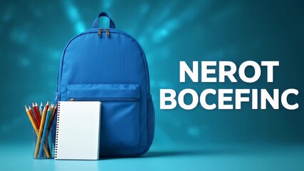 Blue Backpack and School Supplies on Teal Background with 'NEROT BOCEFINC' Text - Powered by Adobe