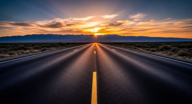 A long, straight highway stretches to the horizon, lit by a vibrant sunset and distant mountains. Concept for travel planning, achieving goals and open road adventures