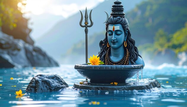 Serene cyan statue of deity amidst a blue river, mountains blurring in the background. Soft lighting highlighting flowing water & lush greenery