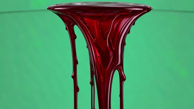 Dark red blood drips on green screen and transparent background. Liquid flowing down the surface in streams, melting drops create streaks. 3D animation. Chroma key, alpha channel ProRes 4444 in 4k UHD
