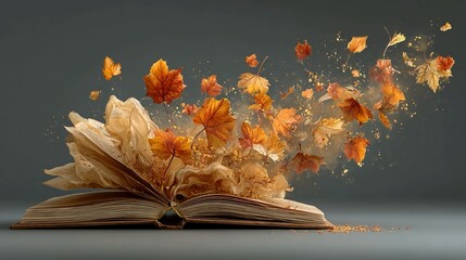 Immerse yourself in autumn's embrace with this open book and falling leaves, perfect for adding a touch of seasonal magic to your projects and creative designs today