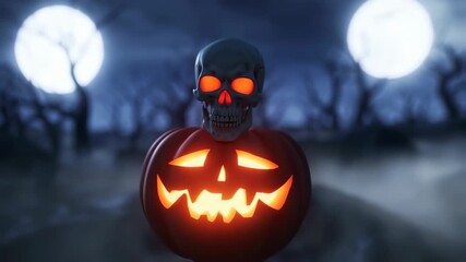 Halloween pumpkin with skull in a spooky forest at night