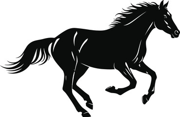 Obraz premium A black horse galloping isolated on white background, showcasing its powerful muscles and elegant form in a dynamic and energetic silhouette