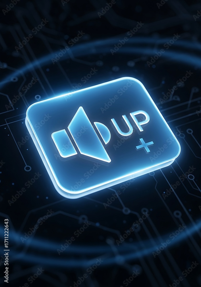 Poster glowing audio volume upgrade button against a circuit board texture