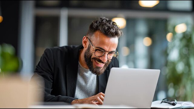 Laptop smiles and bright futures: A man in modern work setting is smiling cheerfully while looking at laptop. perfect for themes about happy man work at the desk .