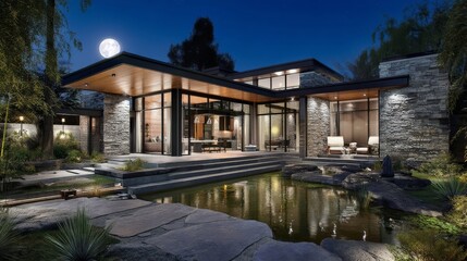 Obraz premium Modern architectural residence at night with large glass windows reflecting the environment, wooden overhangs,