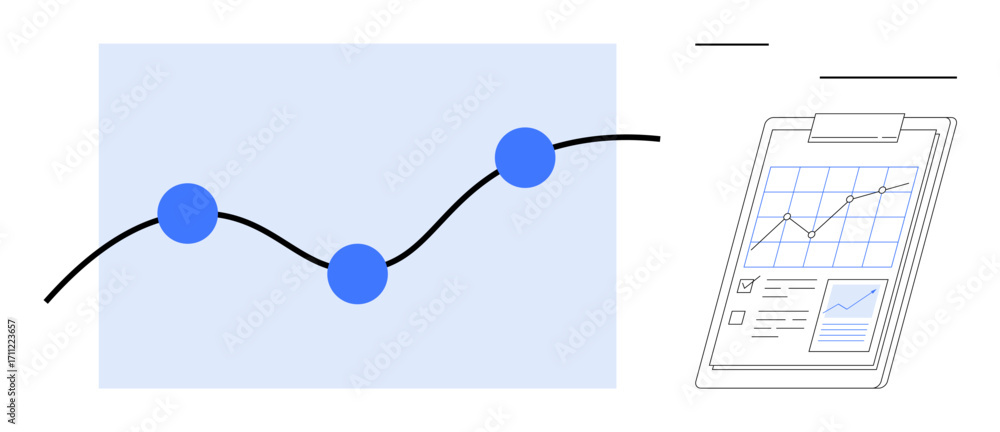Poster line graph with blue points on a curve and clipboard displaying charts and data insights. ideal for 