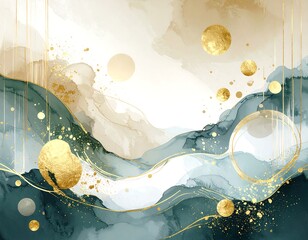 Abstract landscape with flowing teal and beige watercolor washes, gold accents, and floating orbs