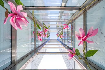 Futuristic glass and steel escalators bridging a modern business office building's interior