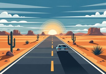 Fototapeta premium Desert Road with Car Driving Toward Sunset in Illustration Style