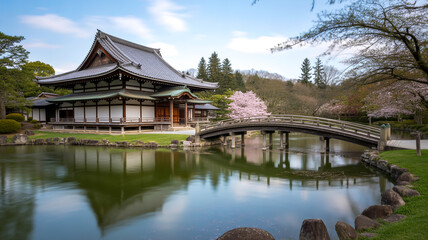 Fototapeta premium Serene Japanese temple garden, wooden architecture, black roof, pond reflections, curved bridge, blooming cherry blossoms