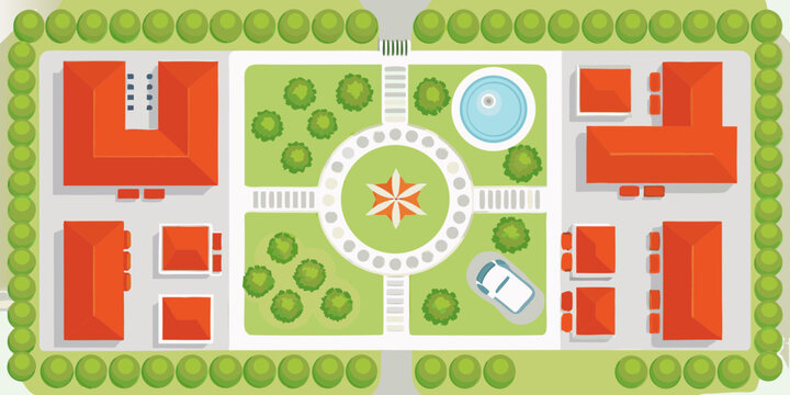 Top down view of a stylized urban neighborhood with buildings green trees and a central park area