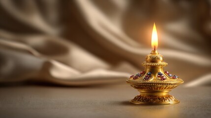 Elegant gold oil lamp with flame on textured surface against soft drapery background in warm, inviting tones