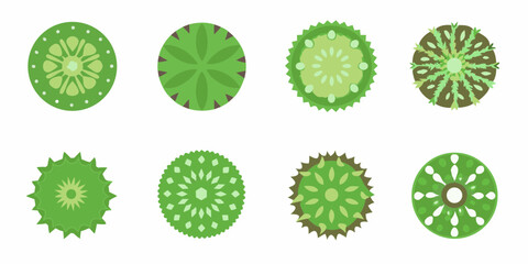 Collection of stylized abstract green circular patterns and designs viewed from above