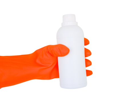 showing white bottle with a hand wearing an insulated glove on a white background