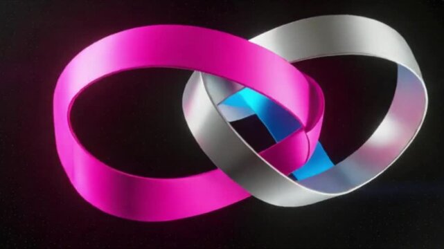 Intertwined Infinity Loop: A captivating view of two metallic-textured infinity loops, one in vibrant pink and the other in elegant silver, gracefully interlocked against a dark backdrop.