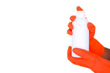 hand in glove holding bottle with empty space for text