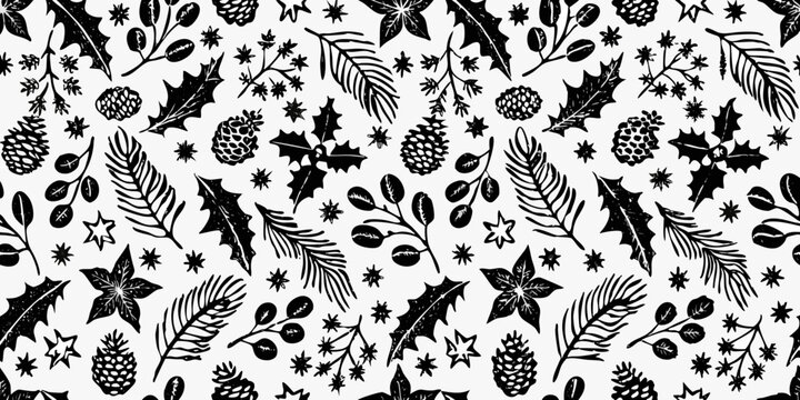 Black and white linocut style christmas pattern with holly pine cones and berries