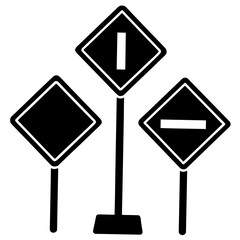 A collection of black and white warning road signs on poles