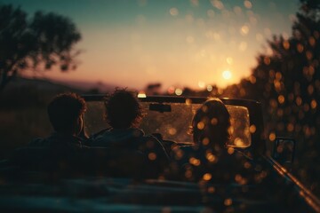 Three friends driving a car at sunset beautiful golden hour