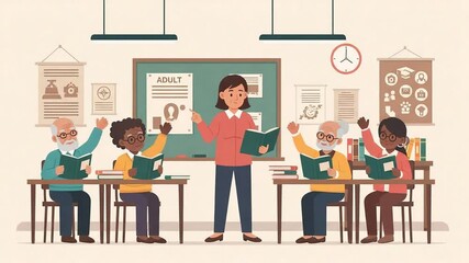 Animated Scene of Elderly Students in an Adult Education Class