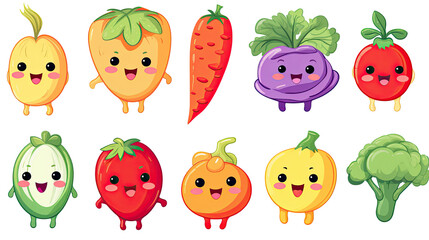 Fototapeta premium Cute cartoon vegetables and fruits characters with happy faces healthy food icons isolated on white background