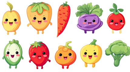 Cute cartoon vegetables and fruits characters with happy faces healthy food icons isolated on white background